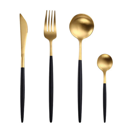 Elevate your dining experience with our Gold Cutlery Set – the epitome of sophistication and style. This flatware set, one of the best flatware sets in Australia, seamlessly combines the timeless allure of gold with sleek black accents. Crafted with precision, it adds a touch of glamour to any meal, making it a perfect choice for both everyday dining and special occasions. Upgrade your dining aesthetic with the finest gold cutlery set, enhancing every meal in style.