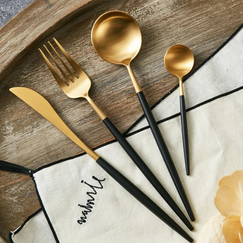 Elevate your dining experience with our Gold Cutlery Set – the epitome of sophistication and style. This flatware set, one of the best flatware sets in Australia, seamlessly combines the timeless allure of gold with sleek black accents. Crafted with precision, it adds a touch of glamour to any meal, making it a perfect choice for both everyday dining and special occasions. Upgrade your dining aesthetic with the finest gold cutlery set, enhancing every meal in style.