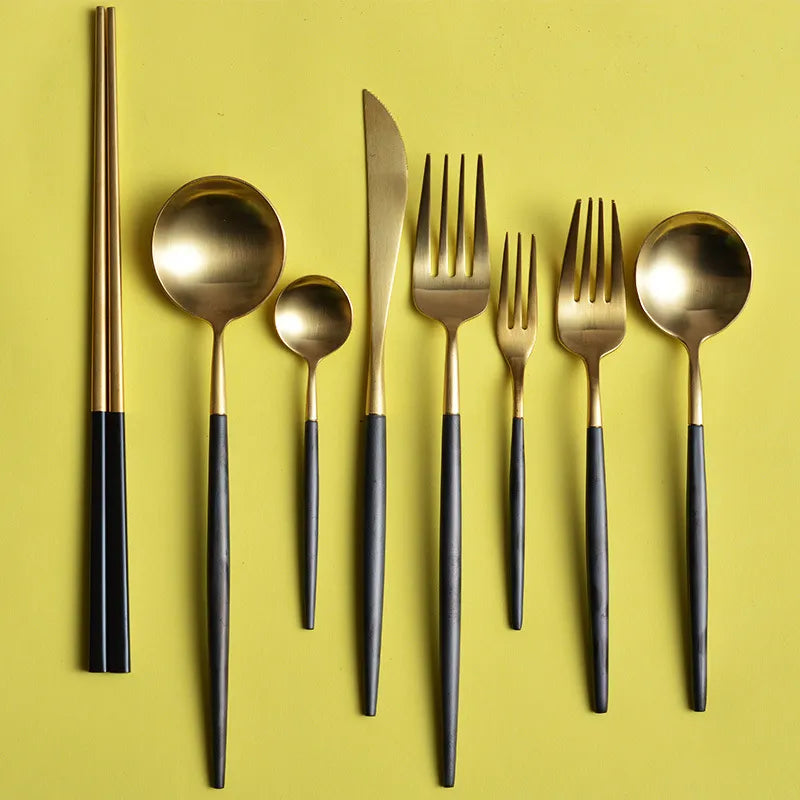 Elevate your dining experience with our Gold Cutlery Set – the epitome of sophistication and style. This flatware set, one of the best flatware sets in Australia, seamlessly combines the timeless allure of gold with sleek black accents. Crafted with precision, it adds a touch of glamour to any meal, making it a perfect choice for both everyday dining and special occasions. Upgrade your dining aesthetic with the finest gold cutlery set, enhancing every meal in style.