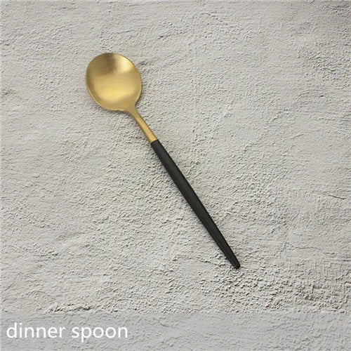 Elevate your dining experience with our Gold Cutlery Set – the epitome of sophistication and style. This flatware set, one of the best flatware sets in Australia, seamlessly combines the timeless allure of gold with sleek black accents. Crafted with precision, it adds a touch of glamour to any meal, making it a perfect choice for both everyday dining and special occasions. Upgrade your dining aesthetic with the finest gold cutlery set, enhancing every meal in style. Black and gold dinner spoon