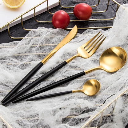 Elevate your dining experience with our Gold Cutlery Set – the epitome of sophistication and style. This flatware set, one of the best flatware sets in Australia, seamlessly combines the timeless allure of gold with sleek black accents. Crafted with precision, it adds a touch of glamour to any meal, making it a perfect choice for both everyday dining and special occasions. Upgrade your dining aesthetic with the finest gold cutlery set, enhancing every meal in style.