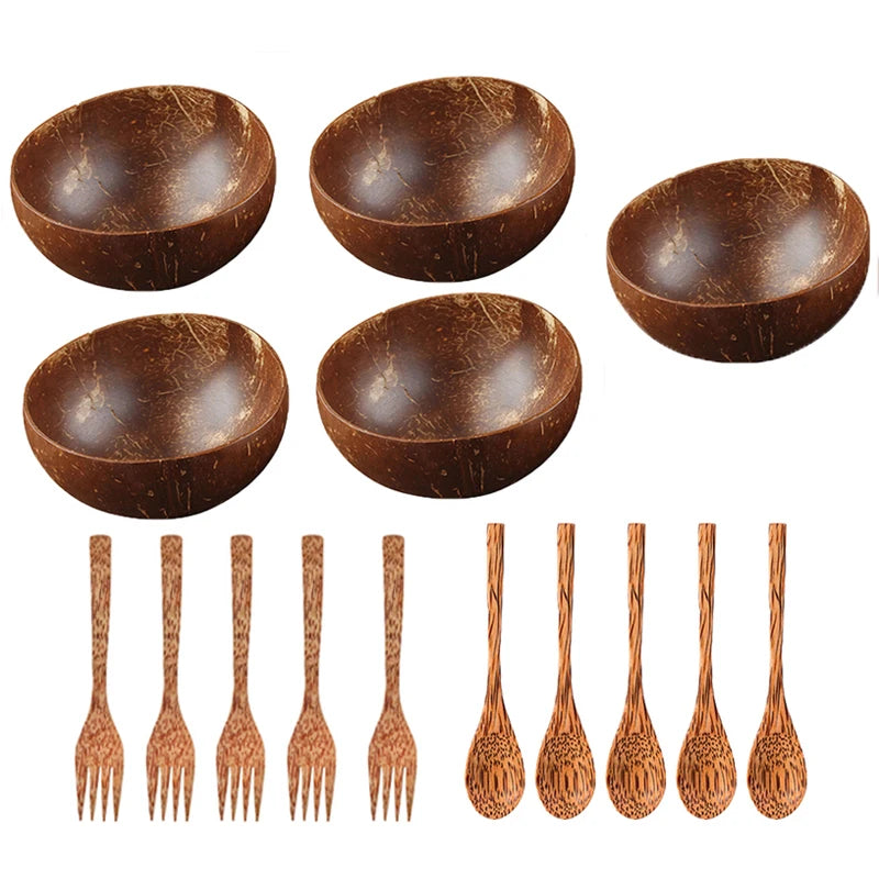 CocoCraft Tableware Set made from sustainable bamboo, including bowls and spoons, ideal for eco-conscious dining with natural aesthetic appeal.