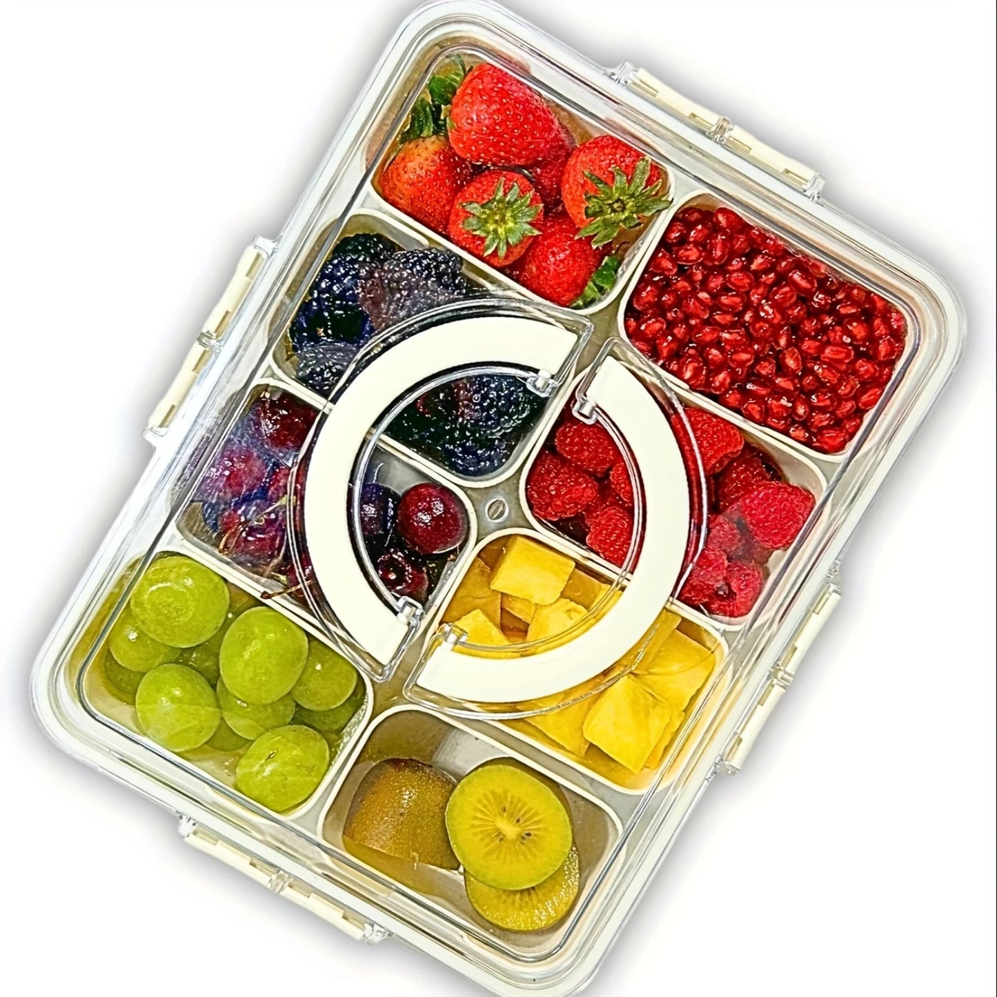 8-compartment portable snack tray with clear lid and handle design, perfect for storing snacks, fruits, and treats for picnics, parties, holidays, and travel.