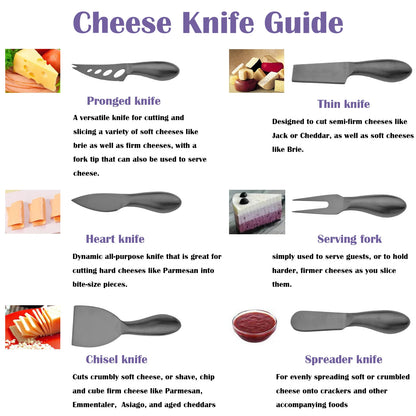 A premium Cheese Utensils Set featuring a pronged knife for semi-soft cheeses, a thin knife for slicing soft cheeses, a heart knife for cutting hard cheeses, a serving knife for elegant serving, a chisel knife for breaking crumbly cheeses, and a spreader knife for soft cheeses and pâtés. Crafted from high-quality stainless steel with ergonomic handles, these durable and easy-to-clean utensils add sophistication to any cheese platter.