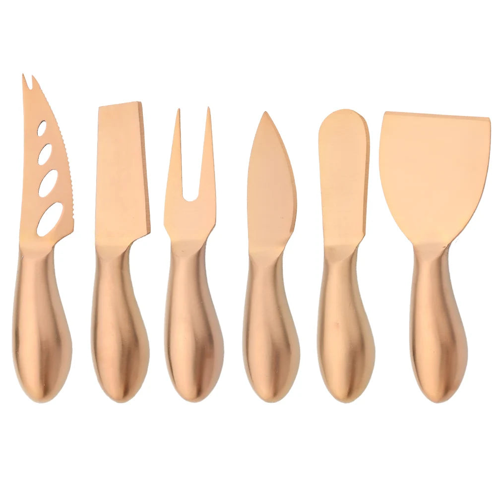 A premium Cheese Utensils Set featuring a pronged knife for semi-soft cheeses, a thin knife for slicing soft cheeses, a heart knife for cutting hard cheeses, a serving knife for elegant serving, a chisel knife for breaking crumbly cheeses, and a spreader knife for soft cheeses and pâtés. Crafted from high-quality stainless steel with ergonomic handles, these durable and easy-to-clean utensils add sophistication to any cheese platter.