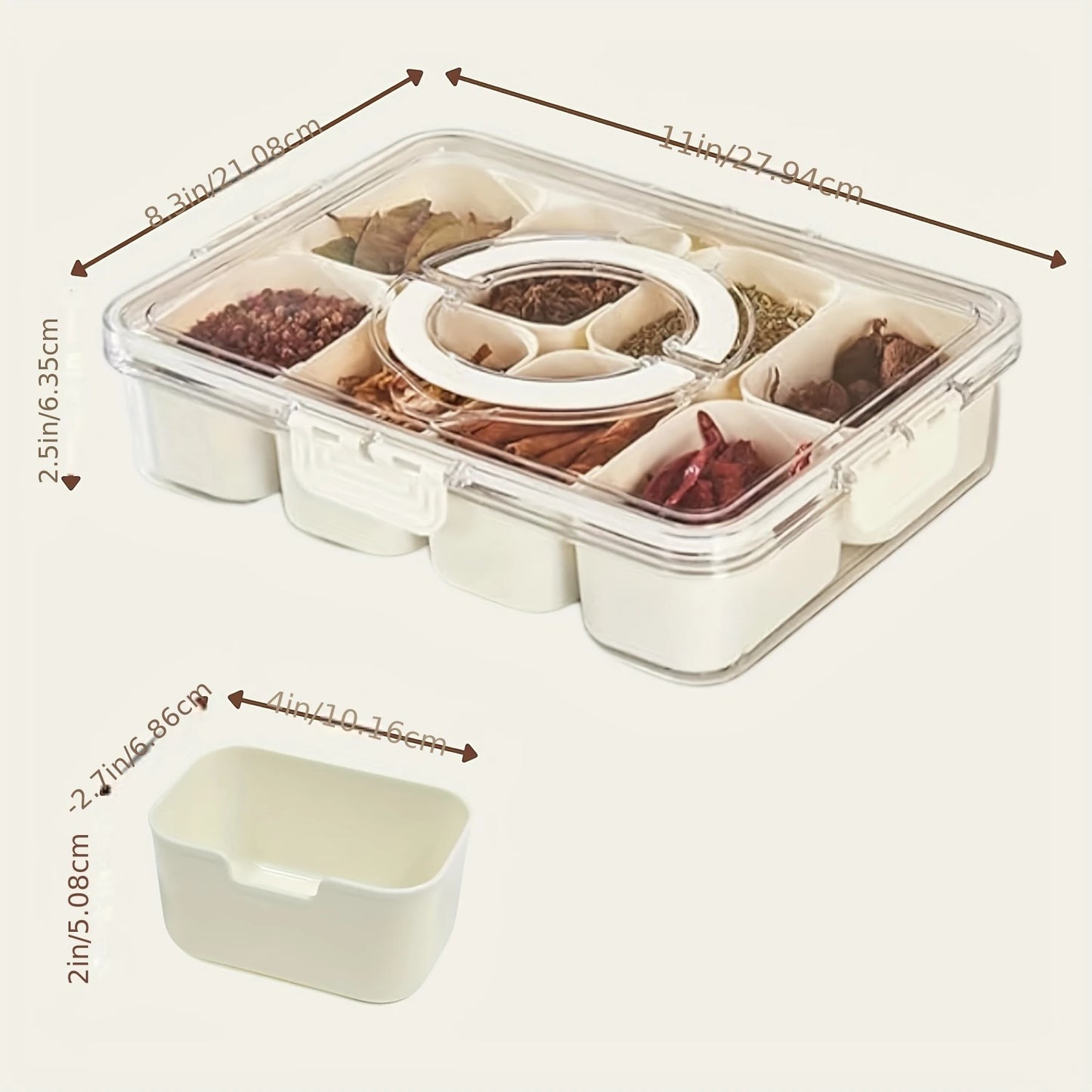 8-compartment portable snack tray with clear lid and handle design, perfect for storing snacks, fruits, and treats for picnics, parties, holidays, and travel.