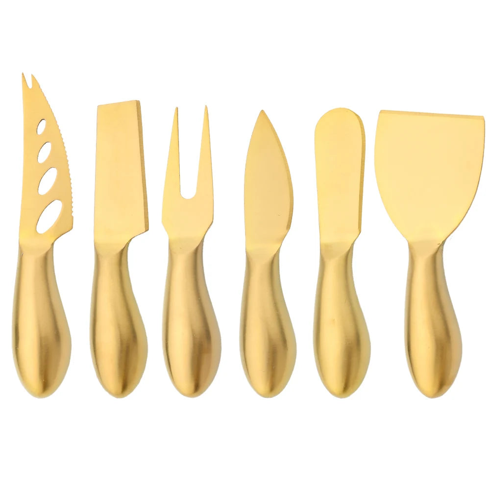 A premium Cheese Utensils Set featuring a pronged knife for semi-soft cheeses, a thin knife for slicing soft cheeses, a heart knife for cutting hard cheeses, a serving knife for elegant serving, a chisel knife for breaking crumbly cheeses, and a spreader knife for soft cheeses and pâtés. Crafted from high-quality stainless steel with ergonomic handles, these durable and easy-to-clean utensils add sophistication to any cheese platter.