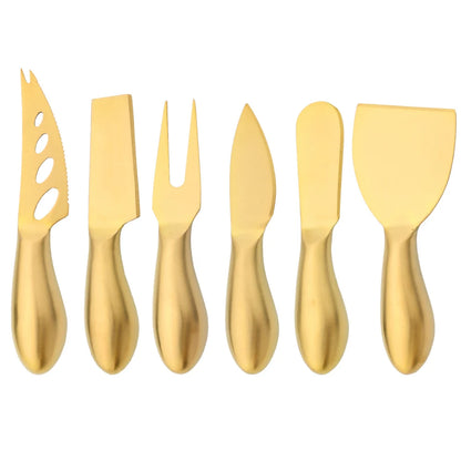 A premium Cheese Utensils Set featuring a pronged knife for semi-soft cheeses, a thin knife for slicing soft cheeses, a heart knife for cutting hard cheeses, a serving knife for elegant serving, a chisel knife for breaking crumbly cheeses, and a spreader knife for soft cheeses and pâtés. Crafted from high-quality stainless steel with ergonomic handles, these durable and easy-to-clean utensils add sophistication to any cheese platter.