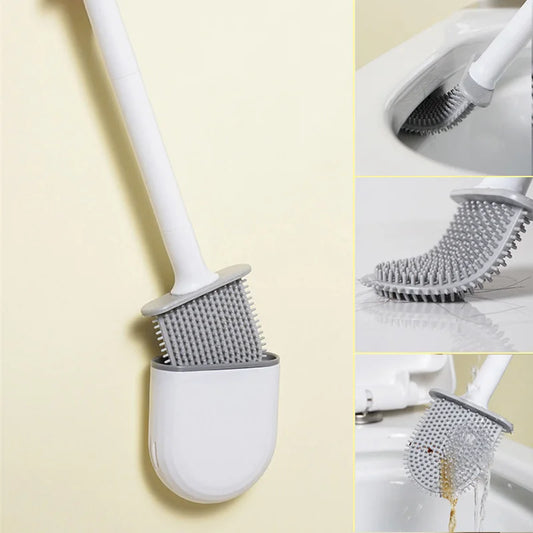 Wall Mounted Silicone Toilet Brush Cleaner with Long Handle Flexible Cleaner Bathroom Brush Quick Drying Holder Bathroom Brush