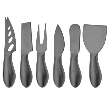 A premium Cheese Utensils Set featuring a pronged knife for semi-soft cheeses, a thin knife for slicing soft cheeses, a heart knife for cutting hard cheeses, a serving knife for elegant serving, a chisel knife for breaking crumbly cheeses, and a spreader knife for soft cheeses and pâtés. Crafted from high-quality stainless steel with ergonomic handles, these durable and easy-to-clean utensils add sophistication to any cheese platter.