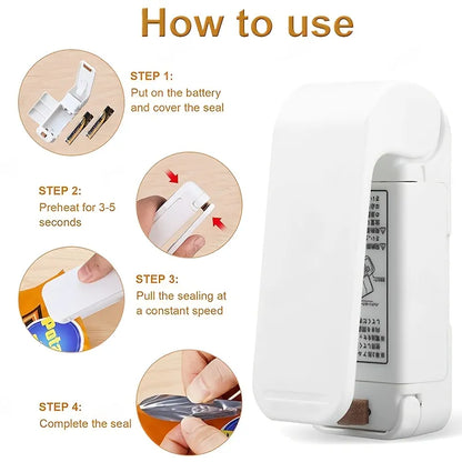 A compact Portable Bag Heat Sealer in use, sealing a plastic bag with heat to preserve contents and prevent spills