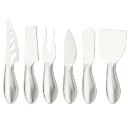 A premium Cheese Utensils Set featuring a pronged knife for semi-soft cheeses, a thin knife for slicing soft cheeses, a heart knife for cutting hard cheeses, a serving knife for elegant serving, a chisel knife for breaking crumbly cheeses, and a spreader knife for soft cheeses and pâtés. Crafted from high-quality stainless steel with ergonomic handles, these durable and easy-to-clean utensils add sophistication to any cheese platter.