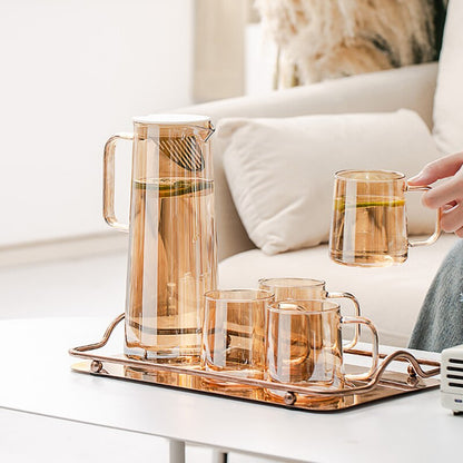 Amber Glass Jug with Cups: Elevate your beverage service with this stylish glassware set, featuring a sleek jug and complementary cups in high-quality amber glass for a perfect blend of elegance and functionality in Sydney.