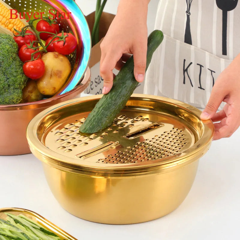 A vegetable shredder with sharp blades, used to quickly and efficiently slice vegetables into fine strips for cooking and garnishing