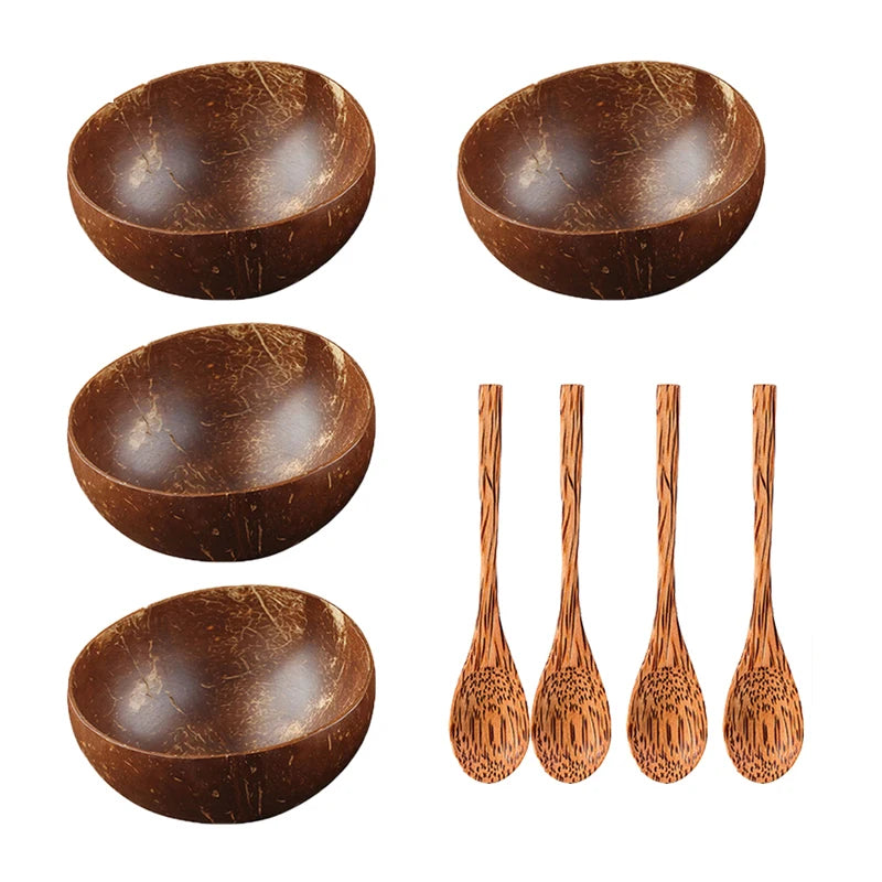 CocoCraft Tableware Set made from sustainable bamboo, including bowls and spoons, ideal for eco-conscious dining with natural aesthetic appeal.