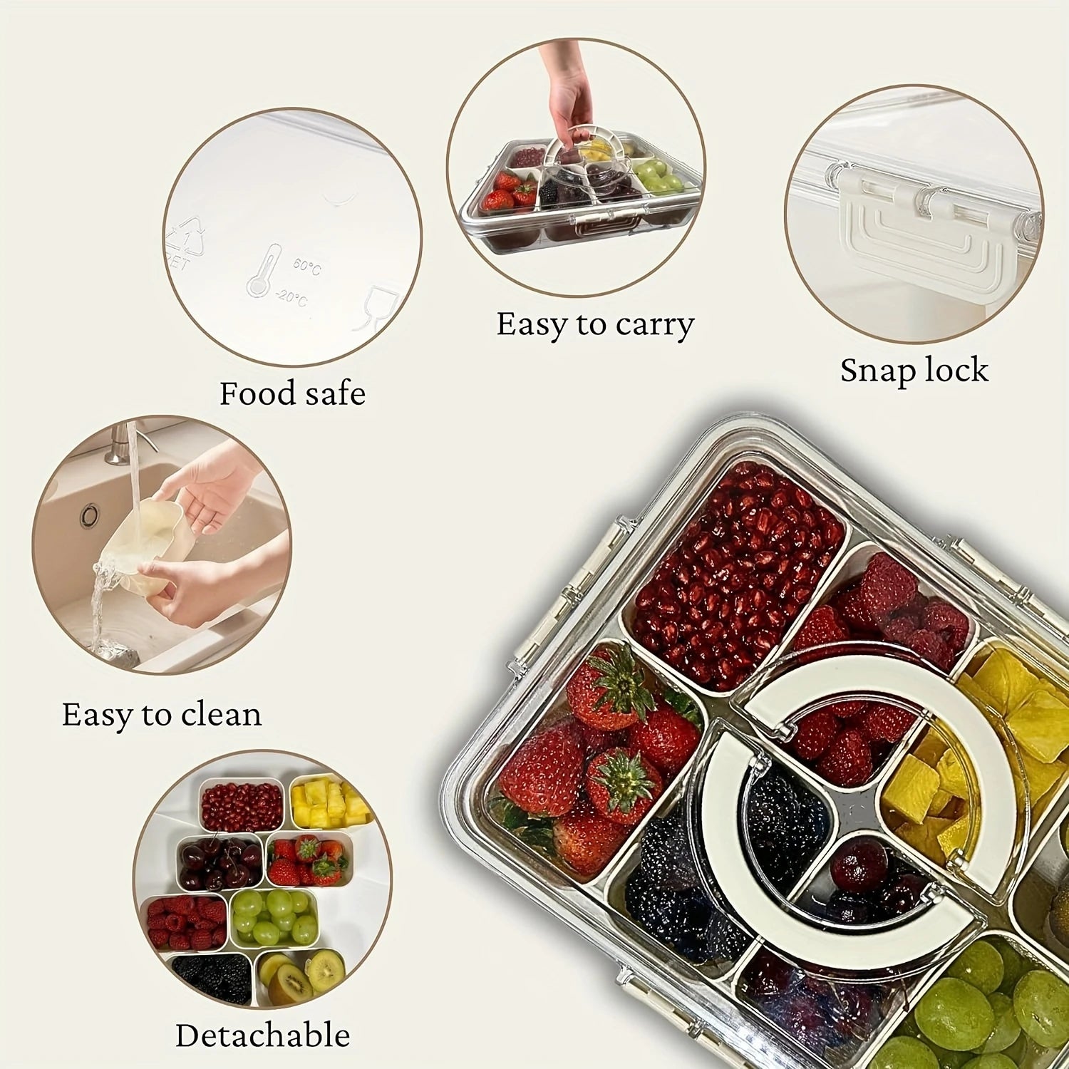 8-compartment portable snack tray with clear lid and handle design, perfect for storing snacks, fruits, and treats for picnics, parties, holidays, and travel.