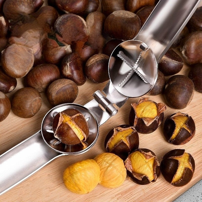 Image of a 2-in-1 Chestnut Clip. The clip features a sleek, ergonomic design with a handle and a dual-function tool. One end has a sharp, curved blade for easily scoring chestnut shells, while the other end has a sturdy clamp for cracking open the shells. The clip is made of stainless steel with a polished finish, ensuring durability and ease of use