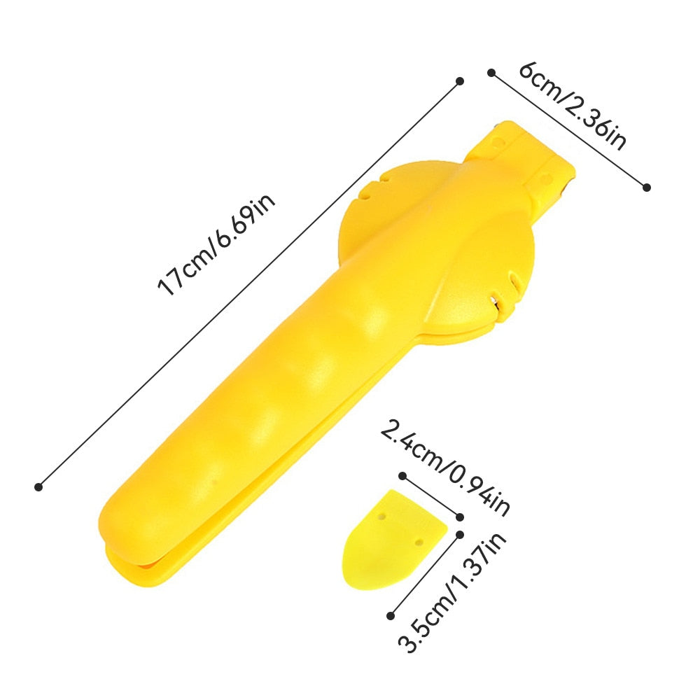 Image of a 2-in-1 Chestnut Clip. The clip features a sleek, ergonomic design with a handle and a dual-function tool. One end has a sharp, curved blade for easily scoring chestnut shells, while the other end has a sturdy clamp for cracking open the shells. The clip is made of stainless steel with a polished finish, ensuring durability and ease of use