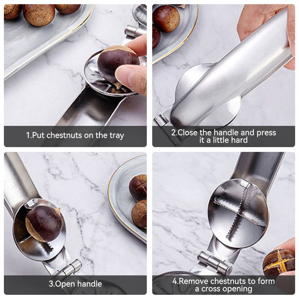 Image of a 2-in-1 Chestnut Clip. The clip features a sleek, ergonomic design with a handle and a dual-function tool. One end has a sharp, curved blade for easily scoring chestnut shells, while the other end has a sturdy clamp for cracking open the shells. The clip is made of stainless steel with a polished finish, ensuring durability and ease of use